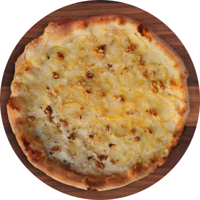 Fronte del volantino dove si vede la foto di una pizza con mozzarella filante, gorgonzola DOP, noci e pere