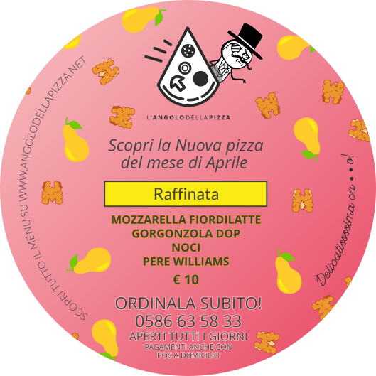 Retro del volantinio della pizza del mese di Aprile de L'Angolo della Pizza, dove sono indicati gli ingredienti ed il costo